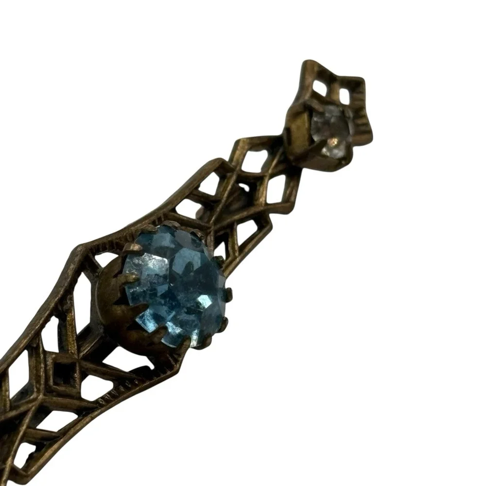 Vintage Bar Brooch Blue Rhinestones Filigree Open Work Ornate Gold Tone Art Deco